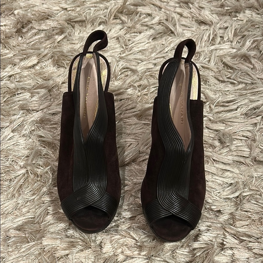 Elegant brown suede, leather and wood ELIE TAHARI Peep-Toe Slingback Heels